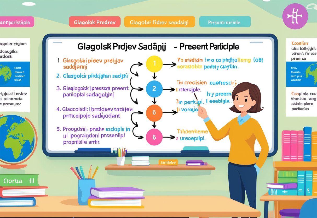 Učionica s pločom na kojoj su prikazani primjeri i konstrukcije glagolskog pridjeva sadašnjeg, s učiteljem koji pokazuje na ploču.