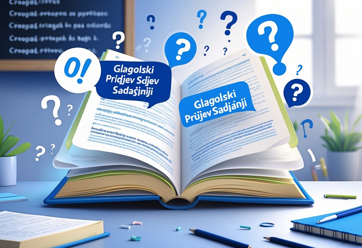 Ilustracija otvorene knjige s bilješkama o hrvatskoj gramatici i plutajućim znakovima pitanja i jezika na radnom stolu.