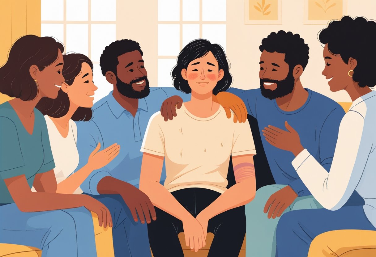 A group of people having a caring and supportive conversation with a person showing signs of fatigue and discomfort.