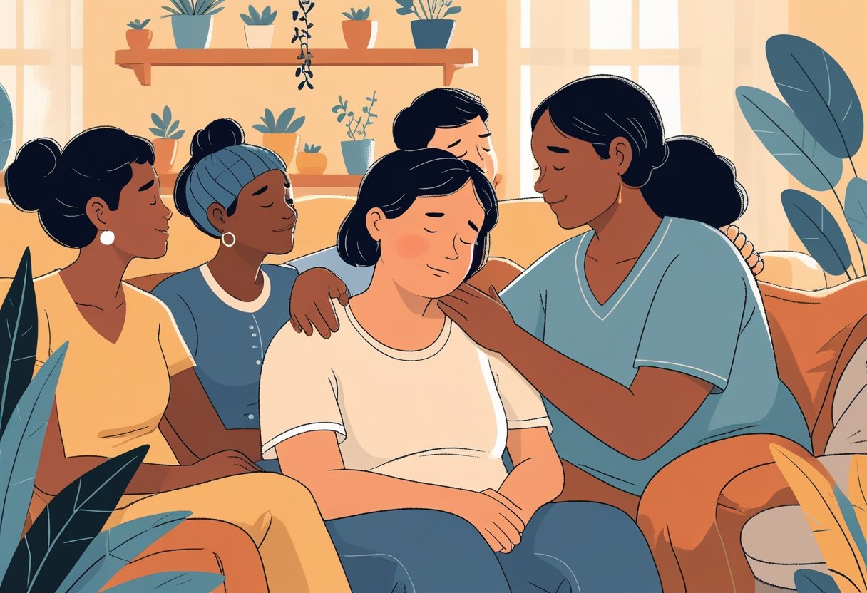 A person showing signs of fatigue is being comforted by a supportive friend in a cozy living room.