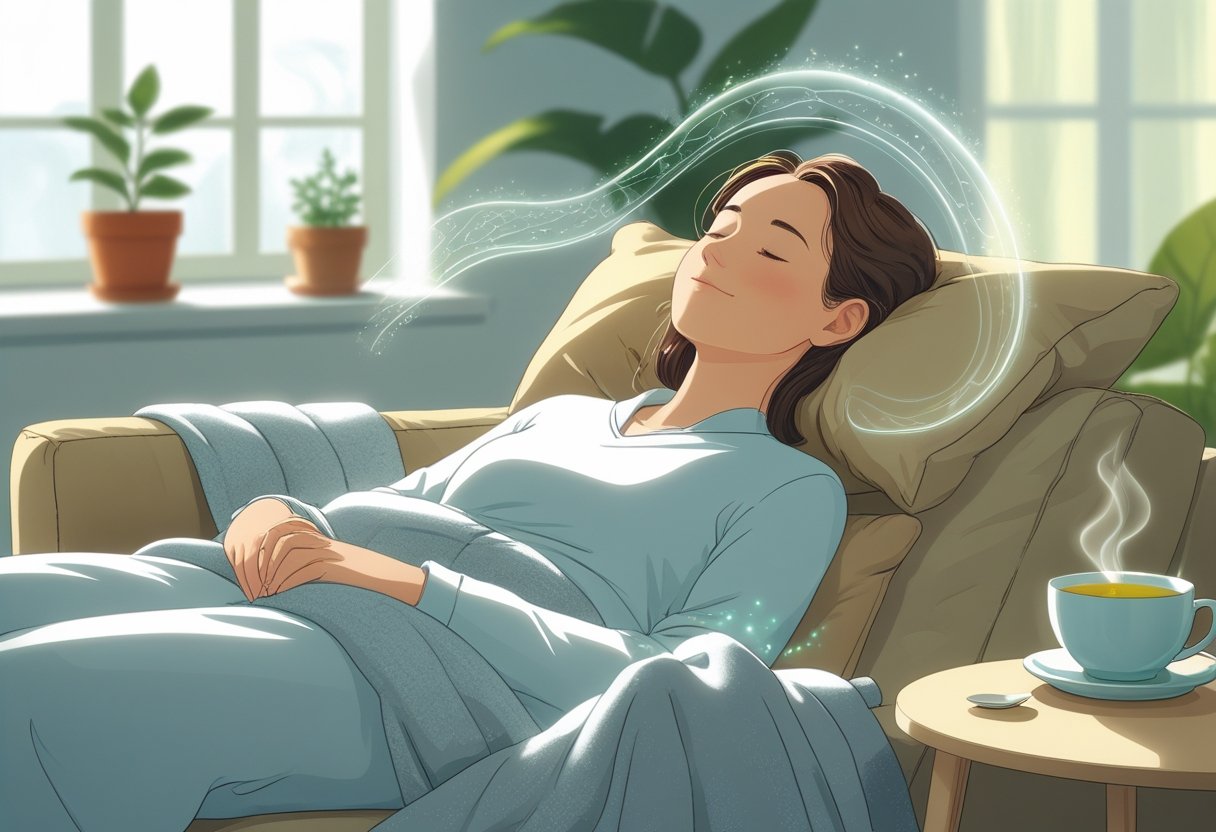 A person peacefully resting on a couch with a blanket, surrounded by soft light and calming elements in a cozy room.