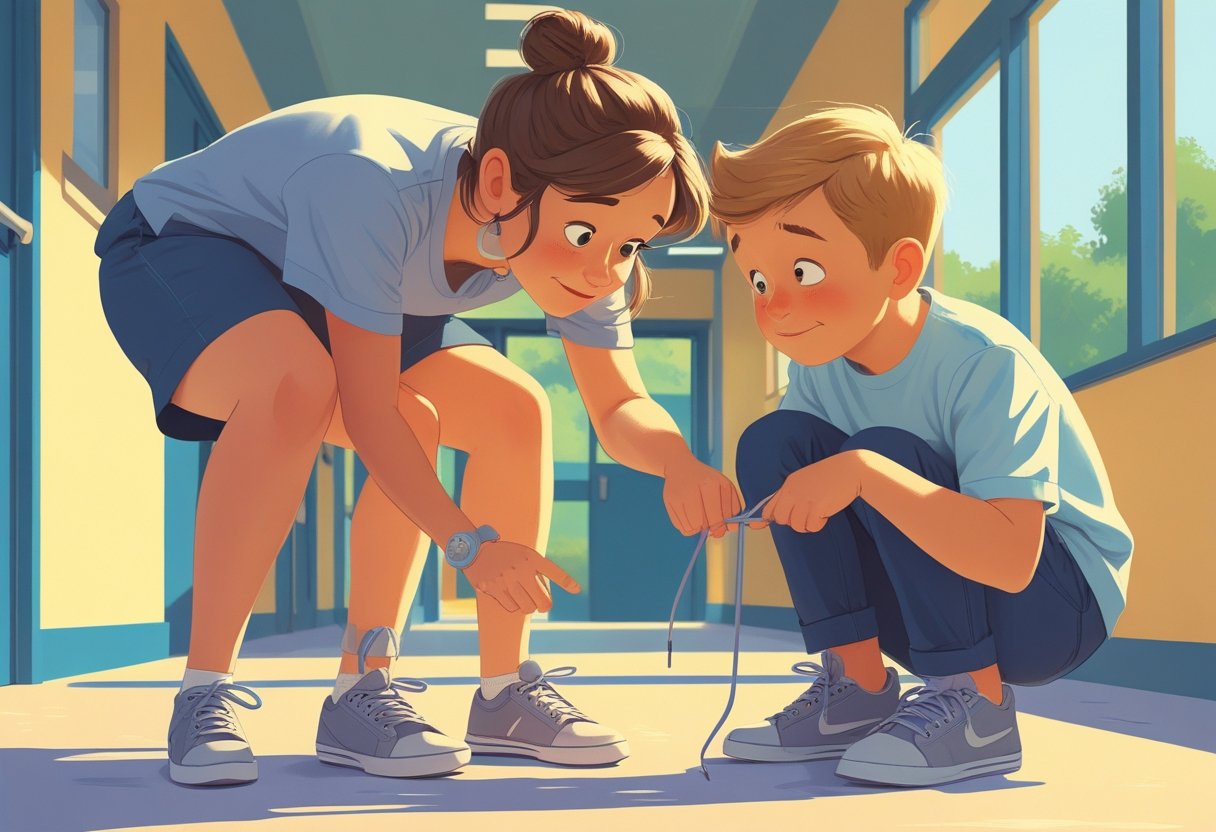 An adult points at a child's shoelaces while the child looks amused, showing a moment of gentle misunderstanding.