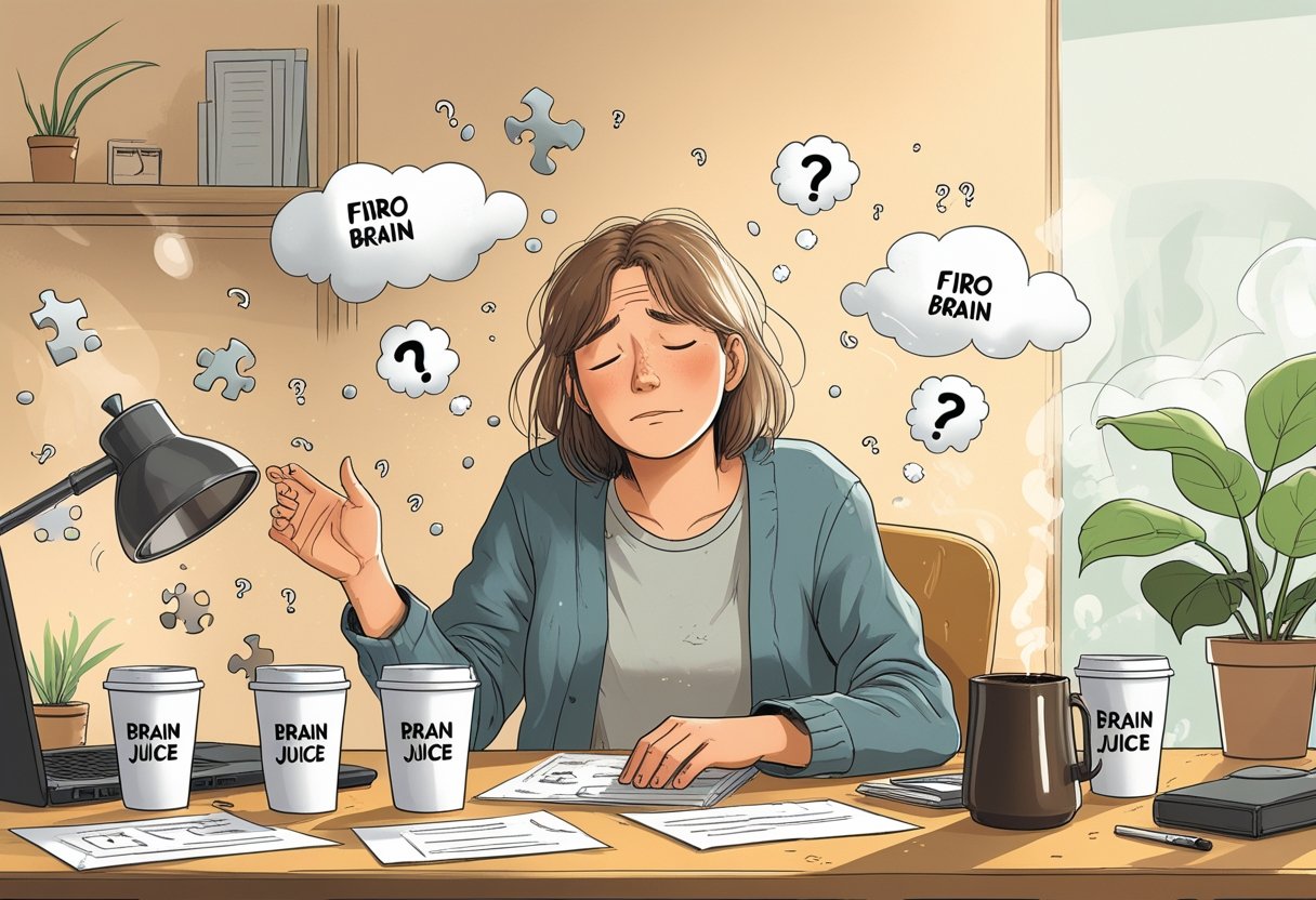 A tired person at a cluttered desk reaching for a coffee mug, surrounded by scattered puzzle pieces and swirling thought bubbles, depicting mental fog and exhaustion.