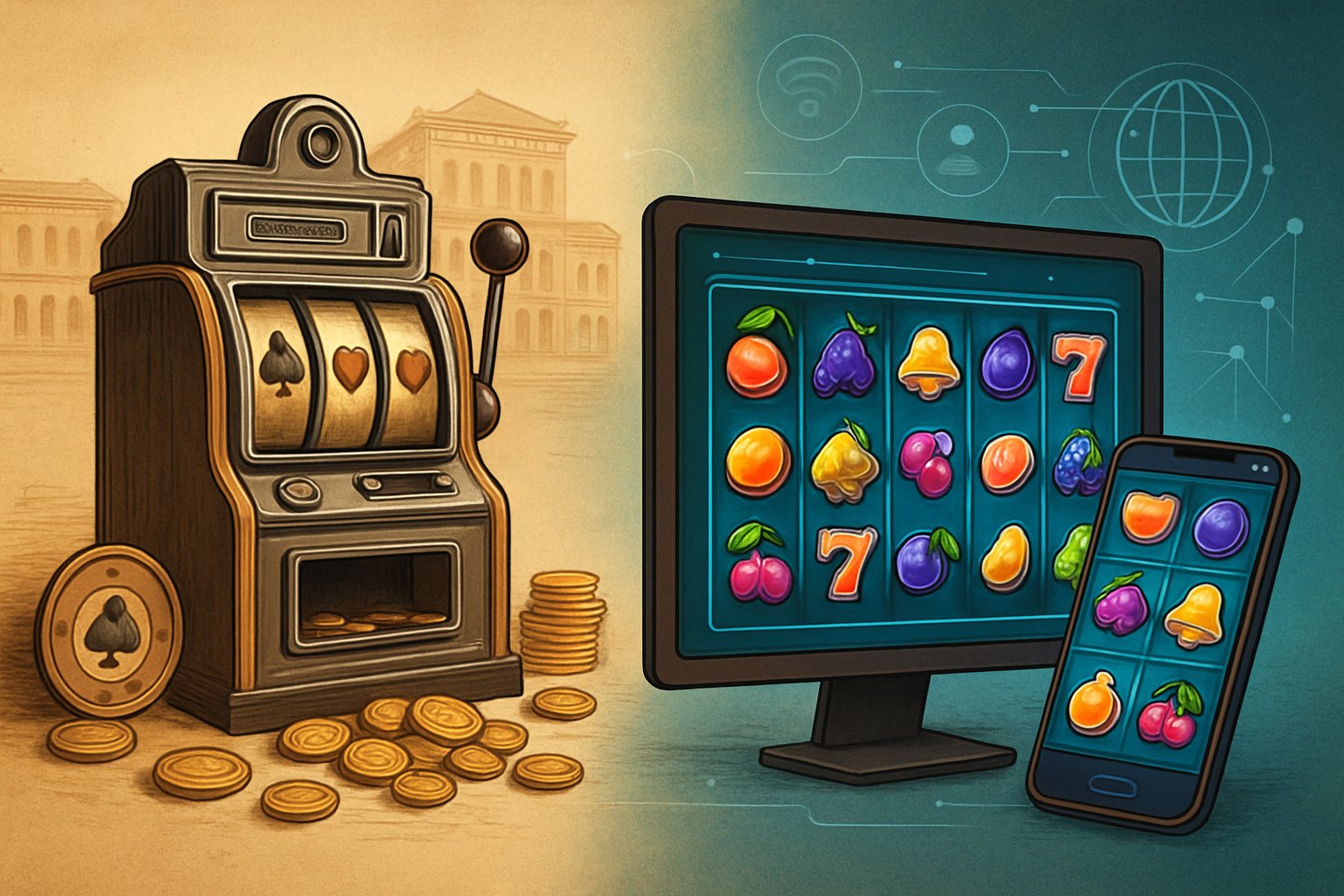 Ilustrasi yang menunjukkan perkembangan mesin slot dari mesin mekanik lama ke mesin slot online modern di layar komputer dan ponsel.