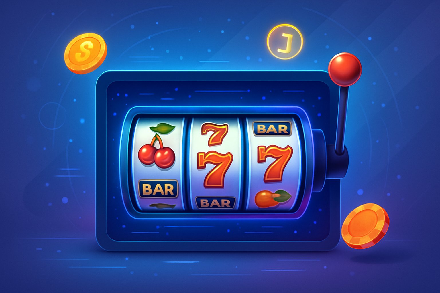 Ilustrasi seseorang bermain mesin slot di perangkat digital dengan simbol buah dan koin berwarna-warni yang berputar.
