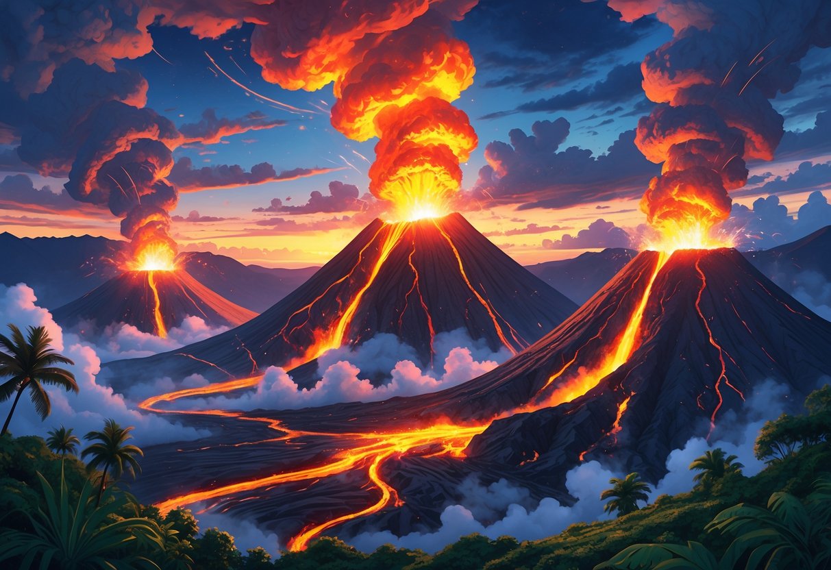 Tiga gunung berapi yang sedang meletus dengan lava menyala dan asap tebal di latar belakang pemandangan tropis.