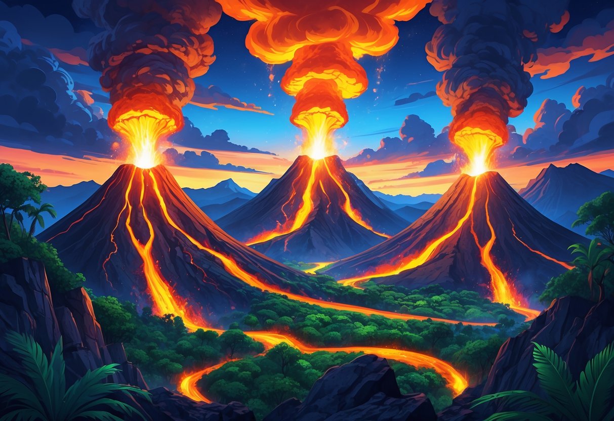 Tiga gunung berapi aktif yang sedang meletus dengan aliran lava dan asap di tengah pemandangan hutan tropis.