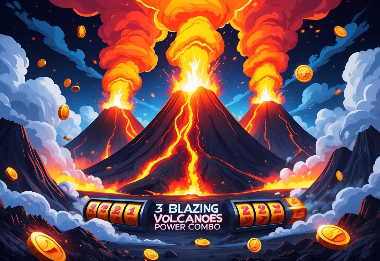 Tiga gunung berapi yang sedang meletus dengan lava menyala dan simbol-simbol permainan slot yang bersinar di sekitarnya.