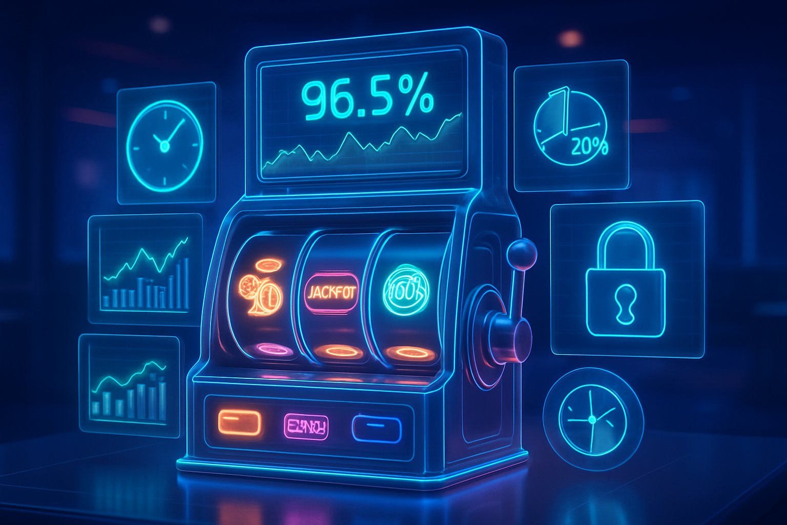 Sebuah mesin slot digital futuristik dengan grafik dan simbol yang menunjukkan faktor penting dalam RTP slot online.