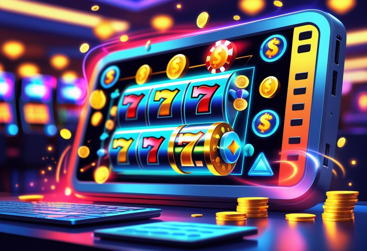 Ilustrasi perangkat digital yang menampilkan permainan slot online dengan gulungan berputar dan simbol klasik seperti ceri dan koin emas.