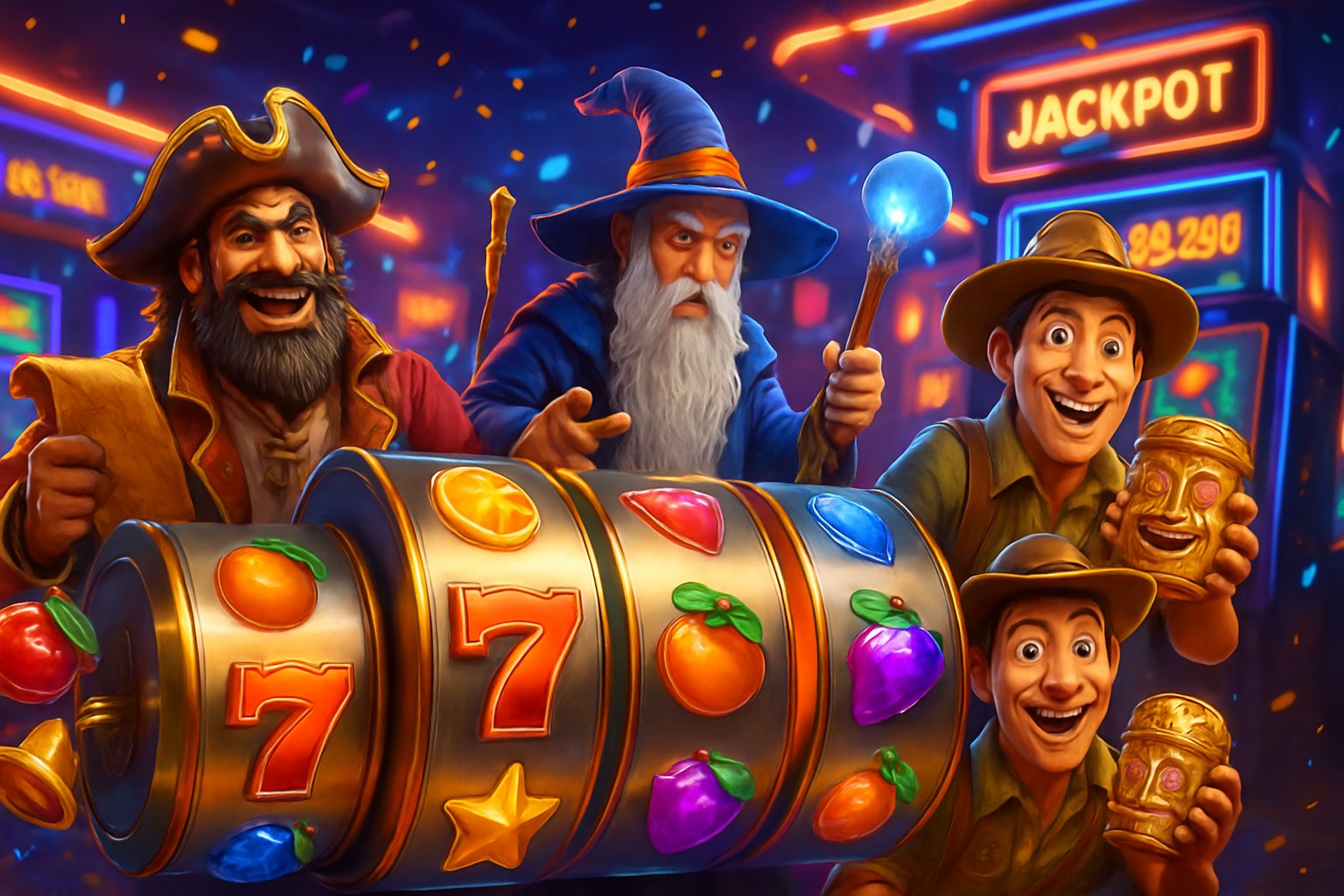 Adegan 3D yang menampilkan berbagai elemen permainan populer dari Pragmatic Play, termasuk gulungan mesin slot berwarna-warni dan karakter permainan seperti bajak laut, penyihir, dan petualang di latar kasino yang meriah.