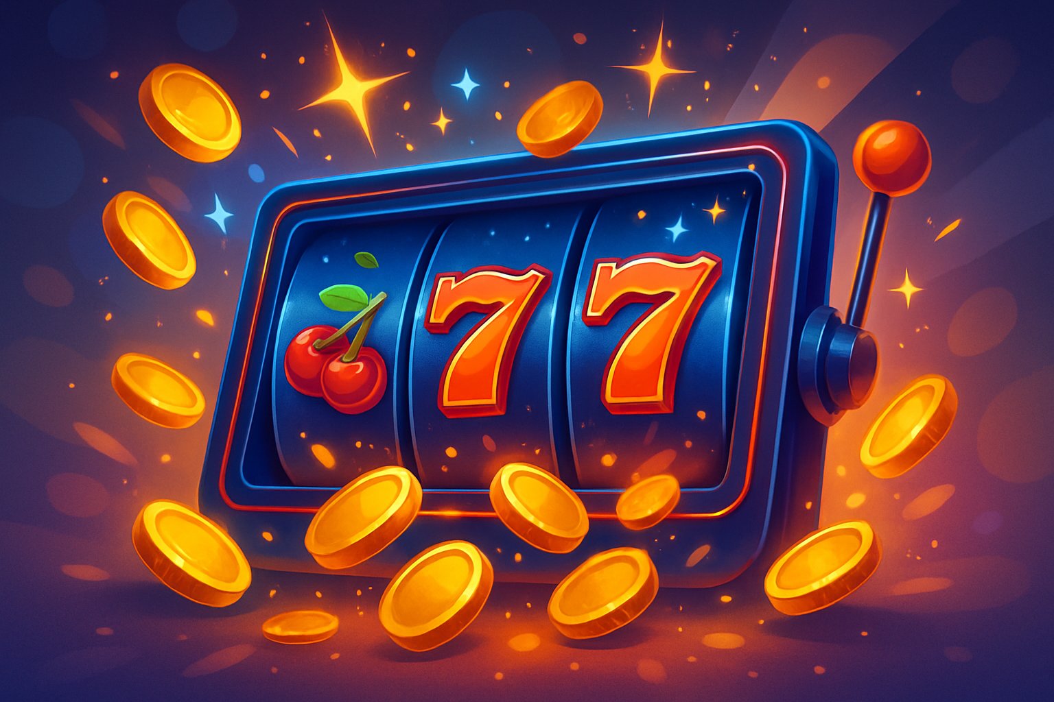 Ilustrasi mesin slot online dengan simbol buah dan koin emas yang berputar serta efek cahaya berkilau di sekitarnya.
