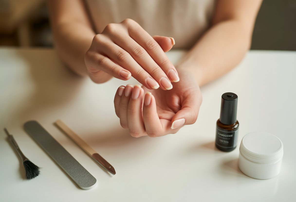 Close-up of hands with freshly done acrylic nails surrounded by manicure tools on a white surface.