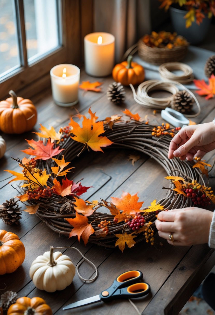 Hands arranging autumn leaves on a partially completed fall wreath on a wooden table with craft supplies around.