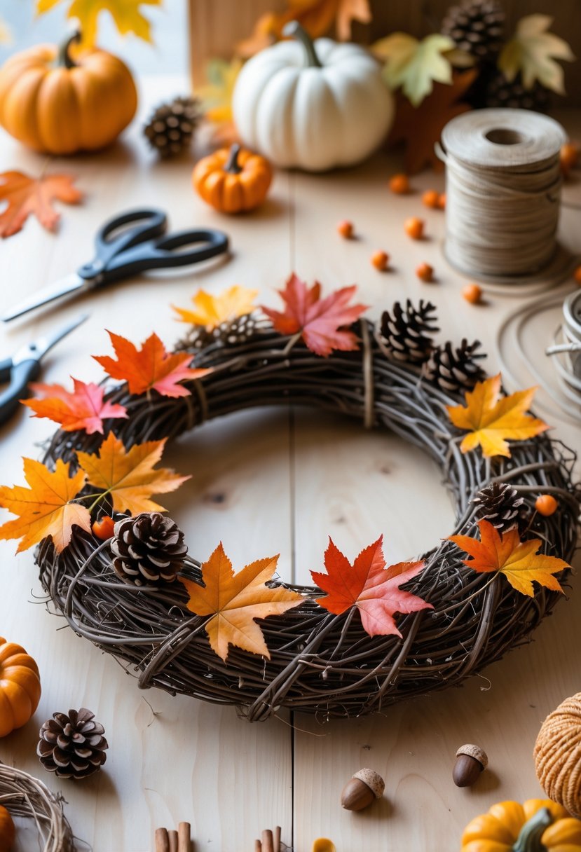 A workspace with a partially completed fall wreath surrounded by autumn leaves, pine cones, berries, and crafting tools.