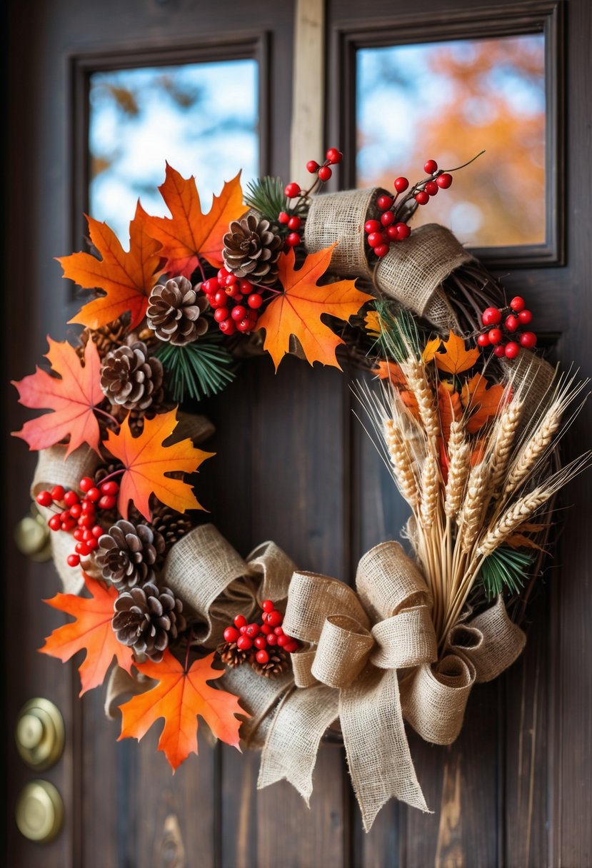 A fall wreath made of leaves, pine cones, berries, and ribbons hanging on a wooden door.
