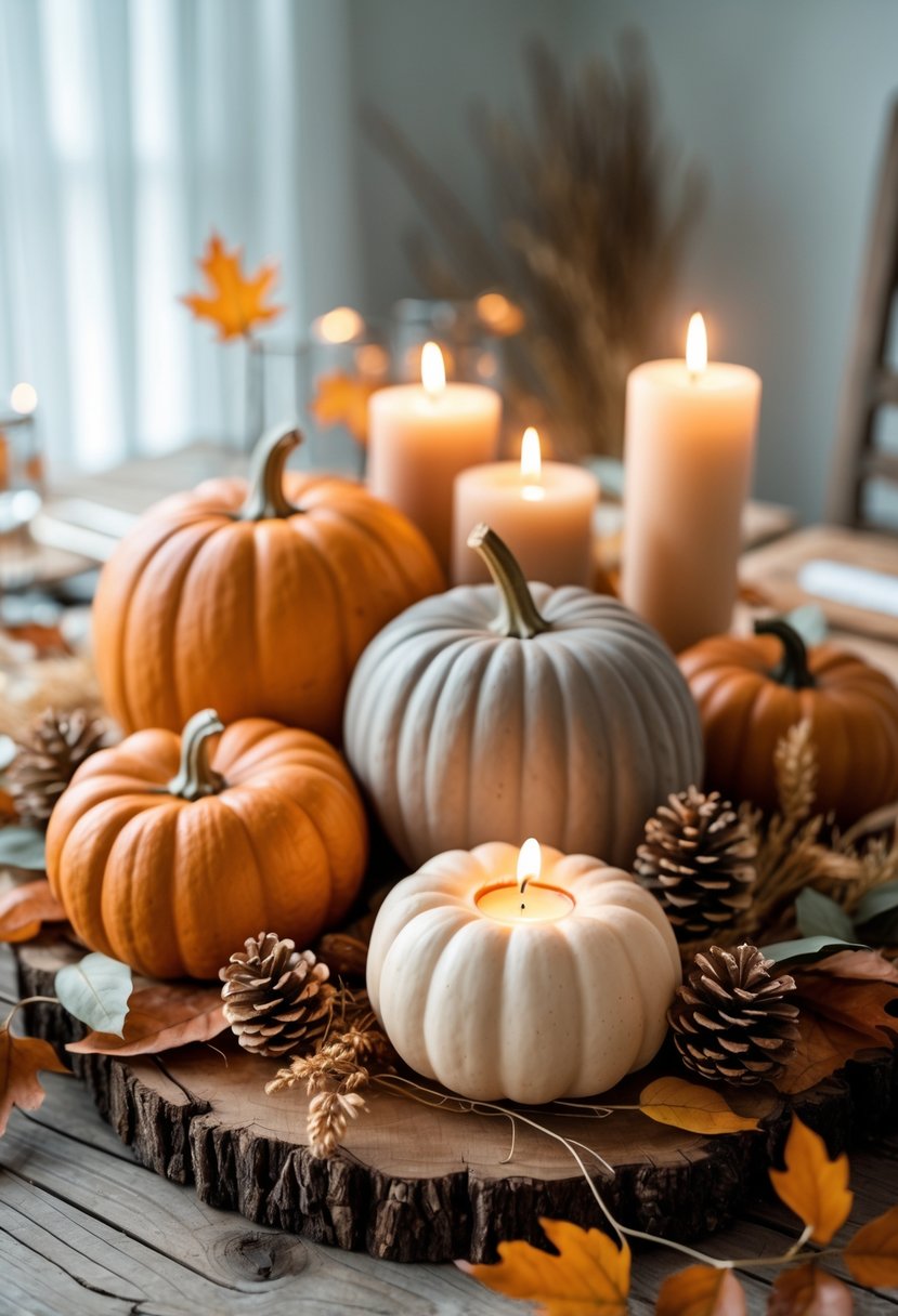 A fall centerpiece with three pumpkins and three lit candles on a wooden table, surrounded by autumn leaves and pine cones.
