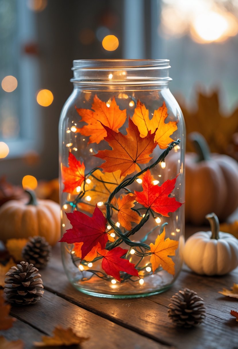 A mason jar filled with colorful autumn leaves and glowing fairy lights sitting on a wooden table with fall decorations around it.