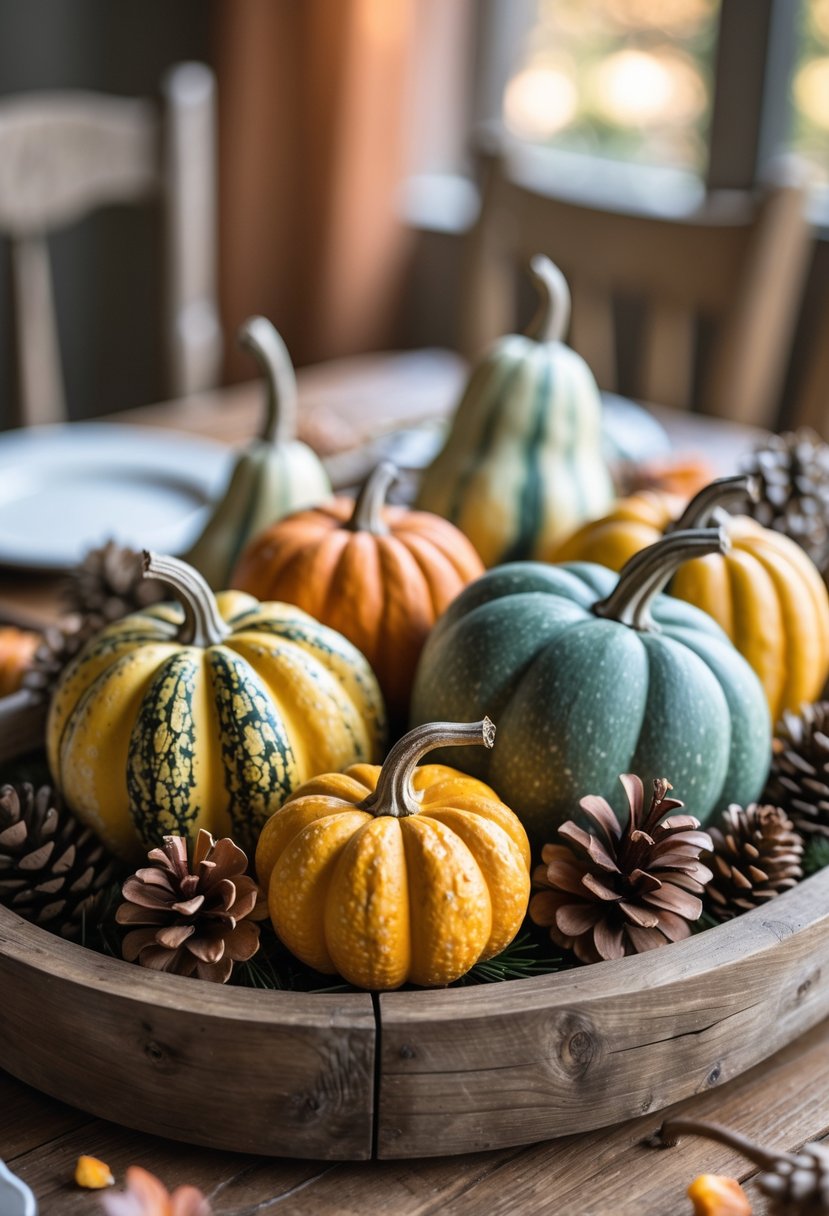 A wooden tray with an arrangement of gourds and pinecones on a wooden table.