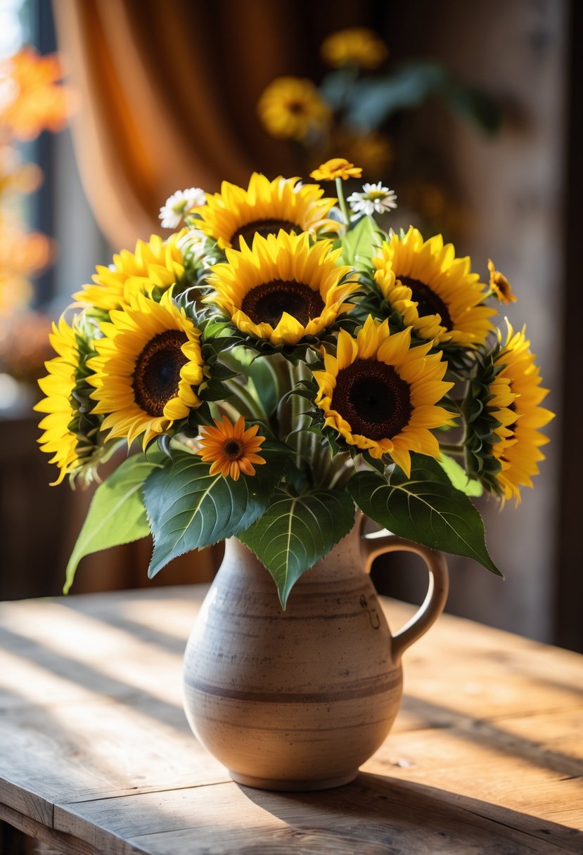 A bouquet of sunflowers in a rustic vase on a wooden table with autumn colors in the background.