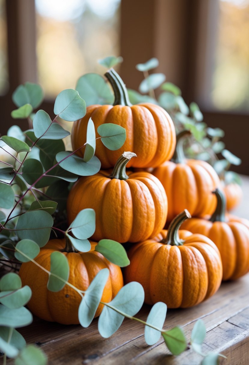 A small stack of mini pumpkins with eucalyptus sprigs on a wooden table.