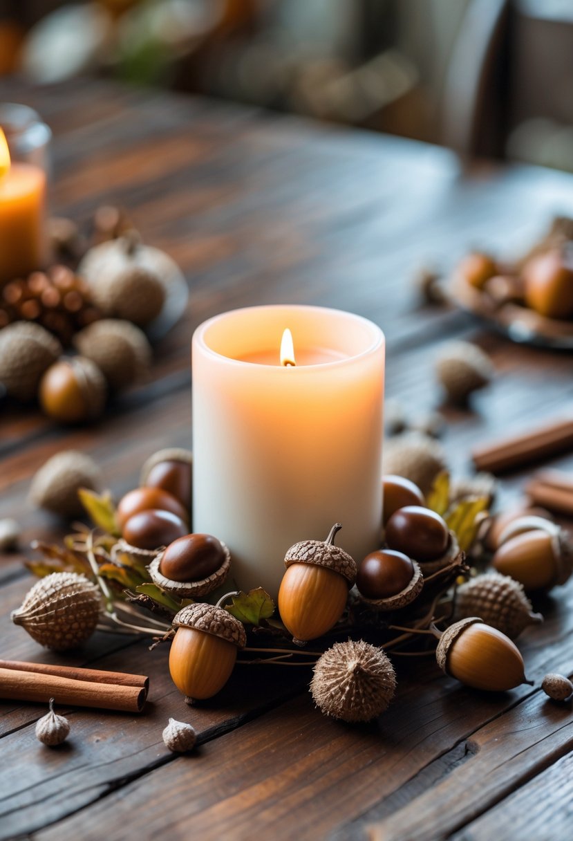 A lit candle surrounded by acorns and cinnamon sticks on a wooden table.
