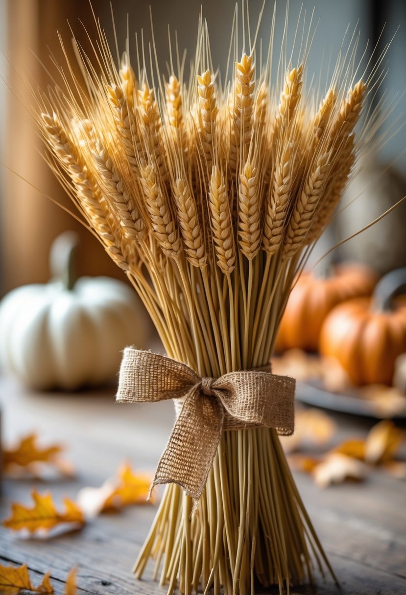 A bundle of golden wheat stalks tied with a burlap ribbon placed on a wooden table as a fall centerpiece.