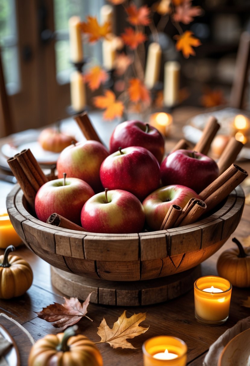 A wooden bowl filled with red apples and cinnamon sticks on a wooden table surrounded by fall decorations.