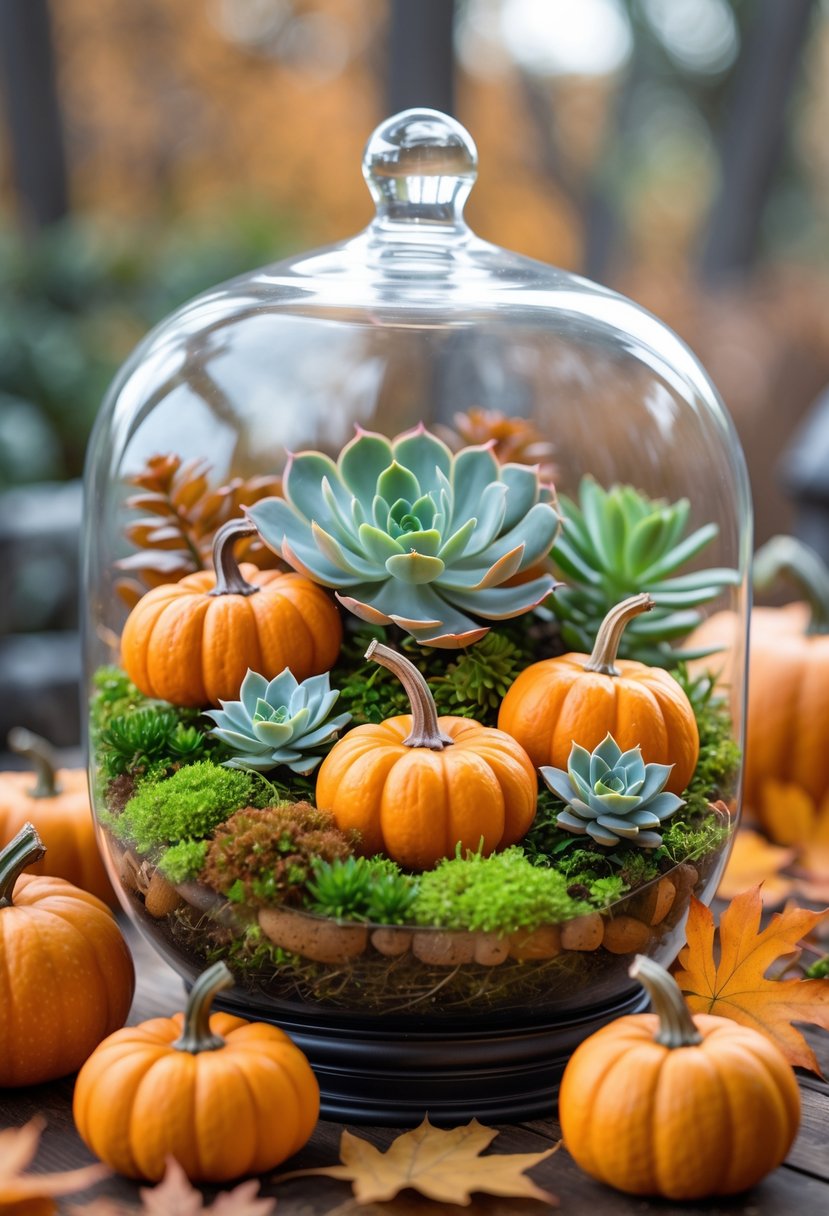 A succulent and moss terrarium with small pumpkins arranged on a wooden table surrounded by autumn leaves.