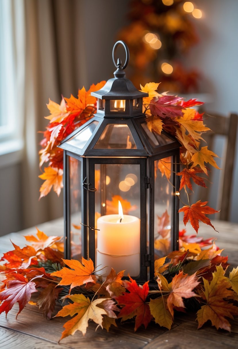 A candle lantern surrounded by a garland of colorful autumn leaves on a wooden table.