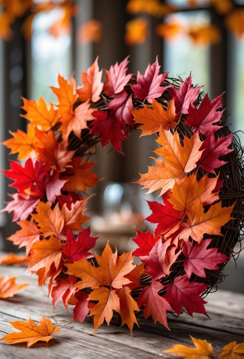 A circular wreath made of orange and red maple leaves placed on a wooden table as a fall centerpiece.