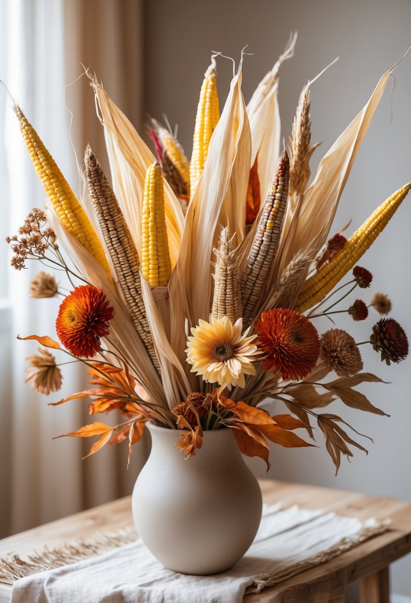 A fall centerpiece with a bouquet of corn husks and dried flowers on a wooden table.