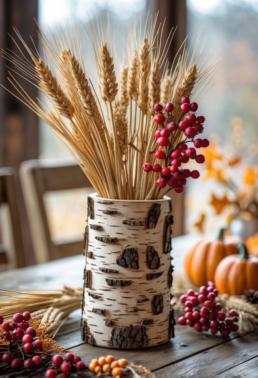 A birch bark vase holding dried wheat stalks and red berries on a wooden table.