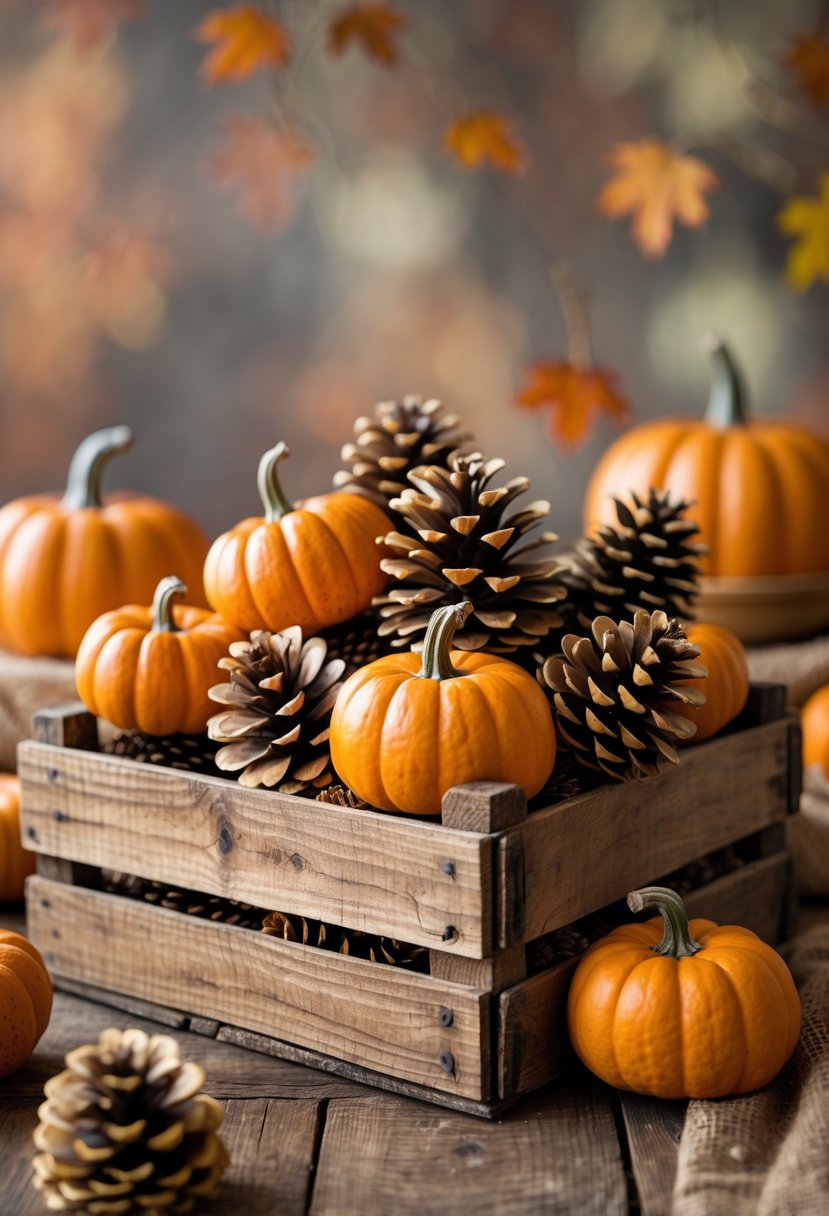 A rustic wooden crate filled with pinecones and small orange mini pumpkins on a wooden table.