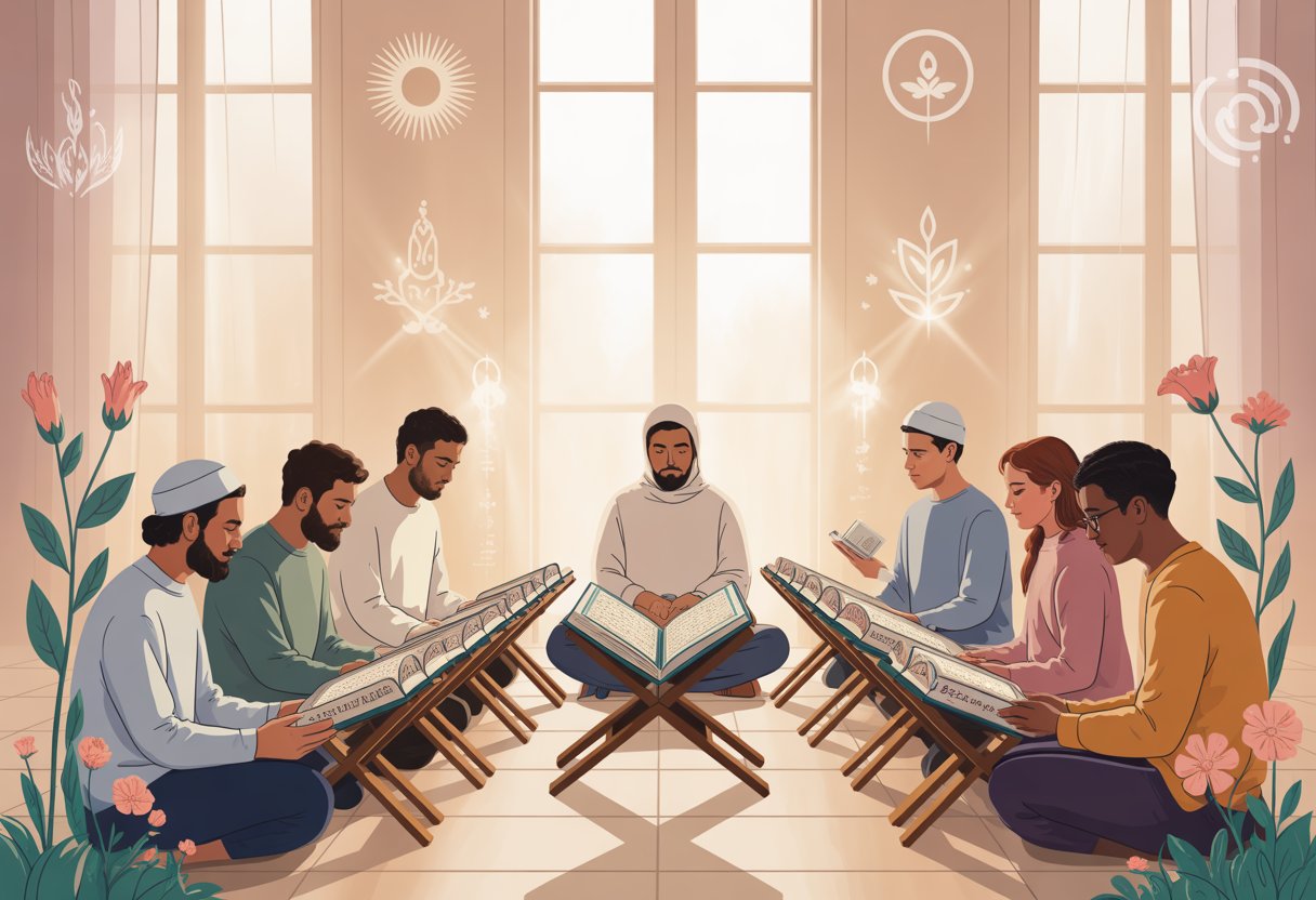 People of different ages reading and reflecting on the Quran together in a bright room with symbols of peace and knowledge around them.