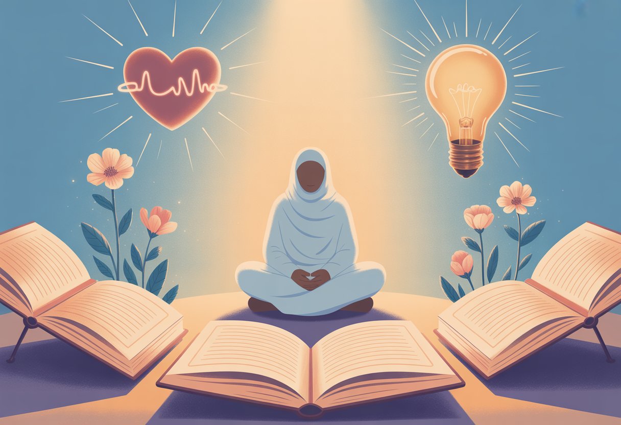 A person sitting peacefully surrounded by glowing Quranic books and symbols representing spiritual growth, wisdom, and inner peace.