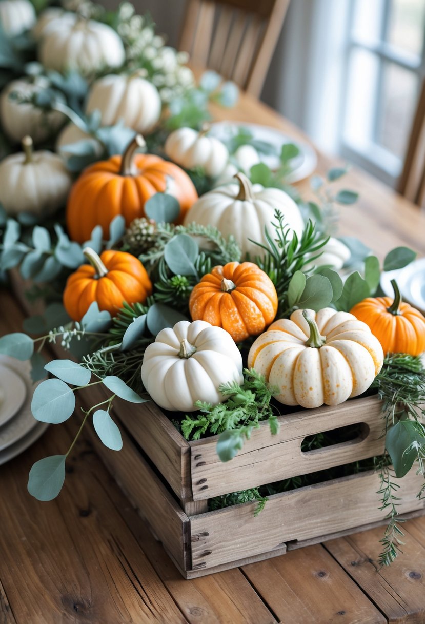 Wooden crate on a dining table filled with greenery and pumpkins as a centerpiece.
