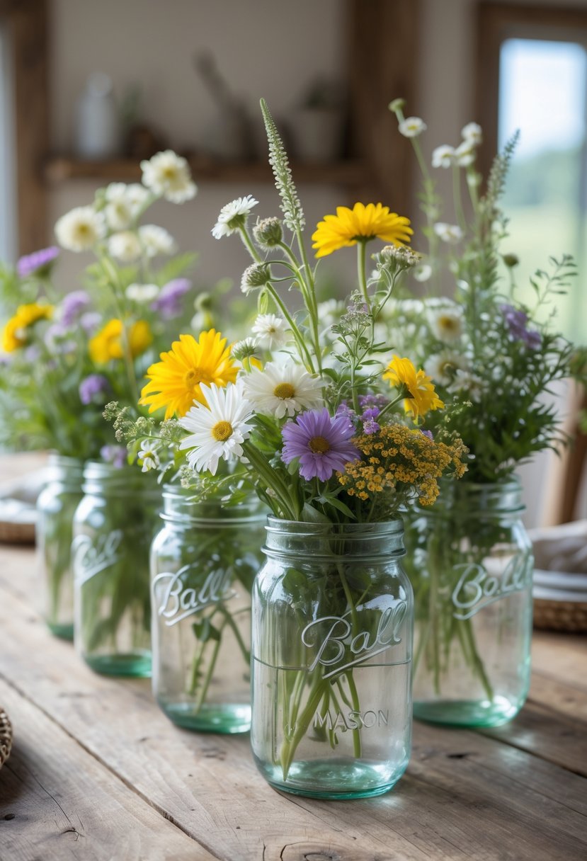 Mason jars filled with colorful wildflowers arranged on a wooden dining table.