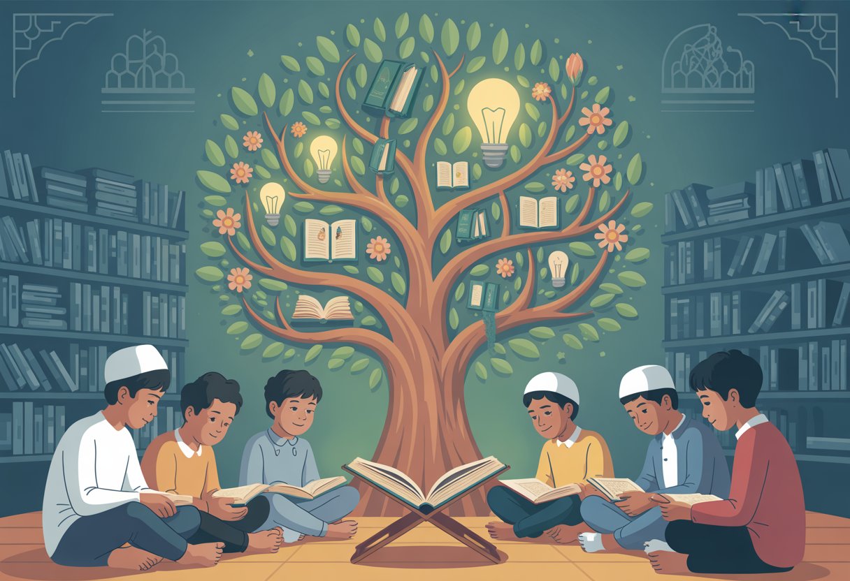A group of diverse students studying the Quran together under a large tree symbolizing growth, surrounded by books in a peaceful library setting.