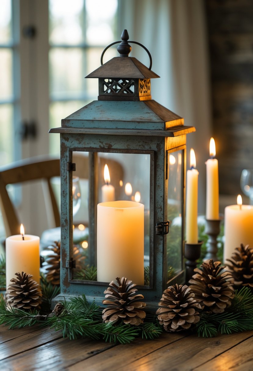 A rustic lantern surrounded by pinecones and lit candles on a wooden dining table.