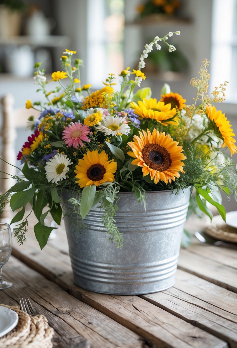 A galvanized metal bucket filled with colorful seasonal flowers sitting on a rustic wooden dining table.