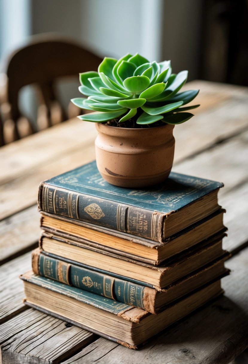 A small succulent plant placed on a stack of vintage books on a wooden dining table.