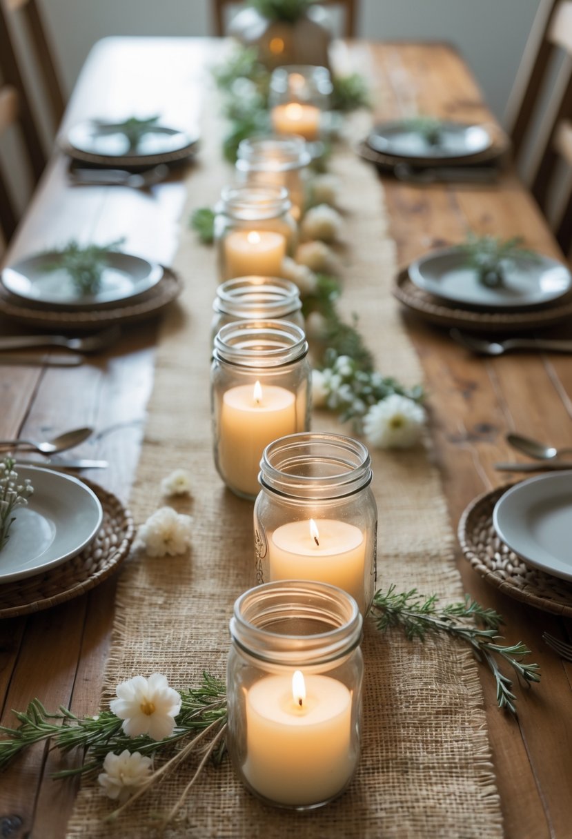 A wooden dining table with a burlap runner holding mason jars with lit candles and small greenery as a centerpiece.