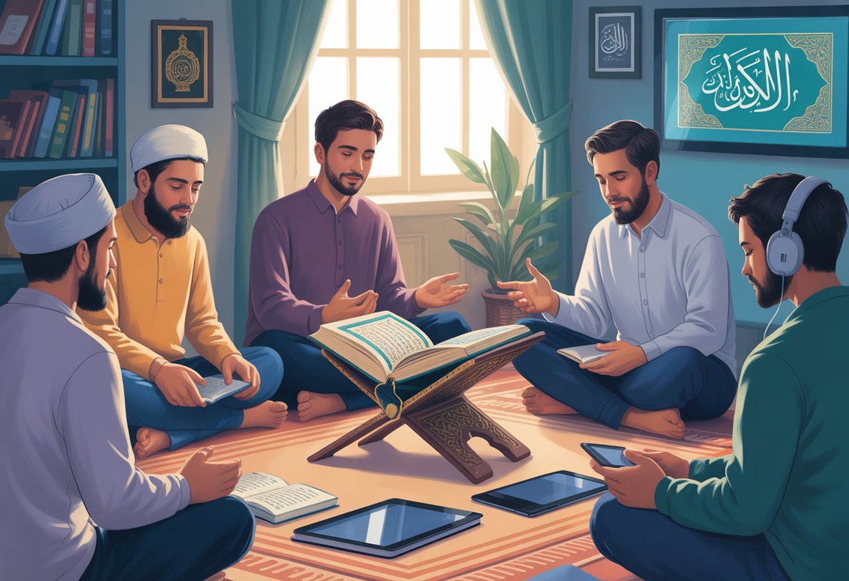 A group of people gathered around an open Quran, studying together with traditional and modern learning tools in a calm and well-lit room.