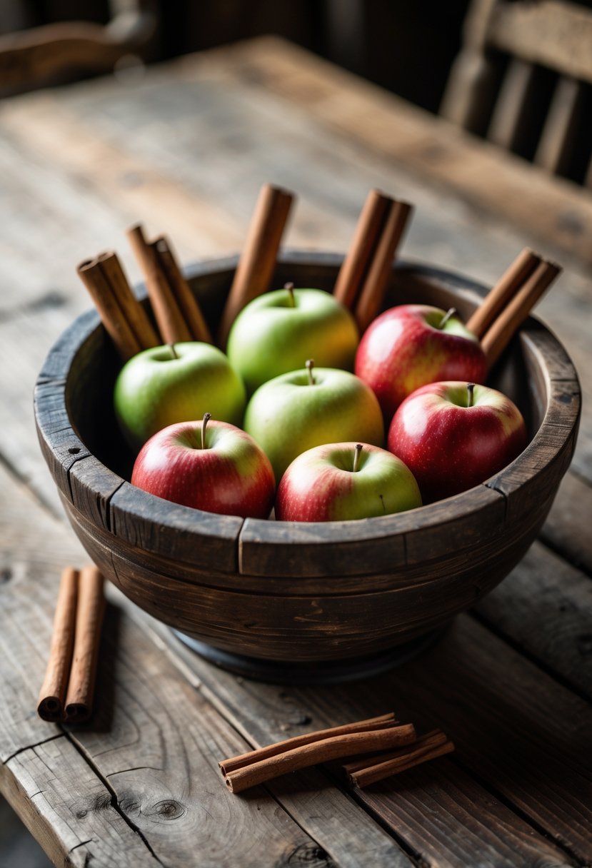 An antique wooden bowl filled with apples and cinnamon sticks on a rustic wooden dining table.