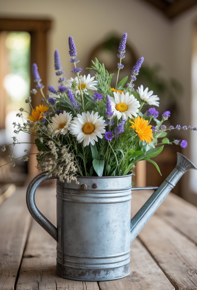 A tin watering can filled with wildflowers sitting on a wooden dining table.