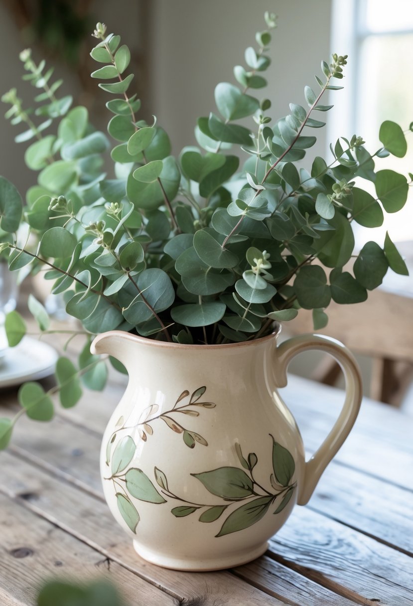 Hand-painted ceramic pitcher with eucalyptus sprigs on a wooden dining table.