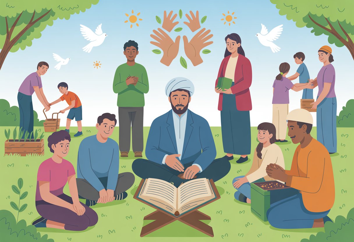 A group of people gathered outdoors around a scholar teaching from an open Quran, surrounded by scenes of community cooperation, children playing, and symbols of peace.