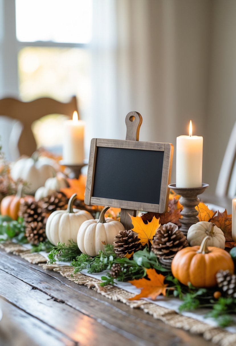 A rustic farmhouse dining table with a mini chalkboard sign surrounded by seasonal decorations including pumpkins, leaves, pinecones, candles, and greenery.
