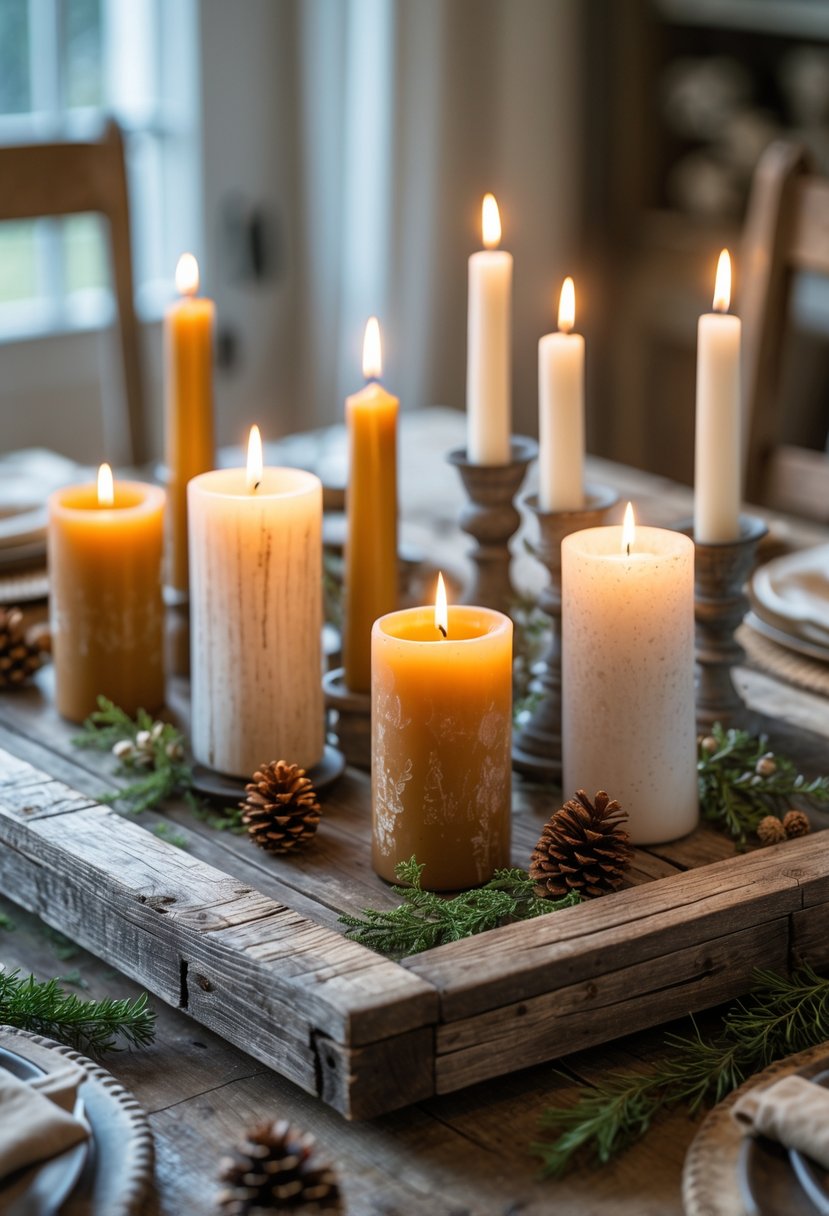 A distressed wooden tray on a dining table holding several pillar candles and small natural decorations.